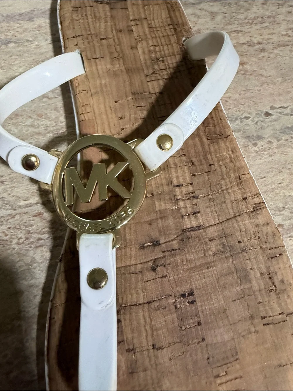 Michael Kors White and Gold Cork-Style Logo Thong Sandals